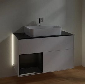Тумба під раковину Villeroy & Boch Finion 100х50,1 см із підсвічуванням МДФ білий матовий лак/чорний матовий лак/скло чорне матове G112PDMT
