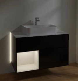 Тумба под раковину Villeroy & Boch Finion 100х50,1 см с подсветкой МДФ глянцевый черный лак/светло-серый матовый/стекло белое матовое G111GJPH