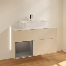 Тумба под раковину Villeroy & Boch Finion 100х50,1 см с подсветкой МДФ песок матовый лак/антрацит матовый лак/стекло белое матовое G111GKHH