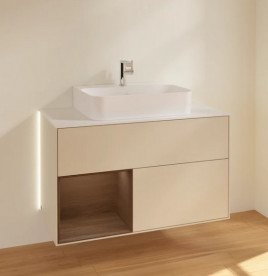 Тумба під раковину Villeroy & Boch Finion 100х50,1 см з підсвічуванням МДФ пісок матовий лак/шпон волоського горіха/скло біле матове G111GNHH