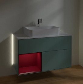 Тумба під раковину Villeroy & Boch Finion 100х50,1 см із підсвічуванням МДФ оливковий матовий лак/півон матовий лак/скло біле матове G111HBGM