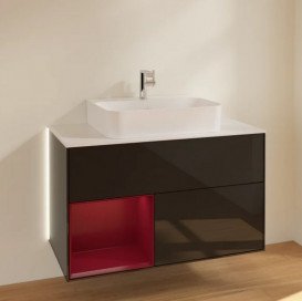 Тумба під раковину Villeroy & Boch Finion 100х50,1 см із підсвічуванням МДФ глянсовий чорний лак/півон матовий лак/скло біле матове G111HBPH
