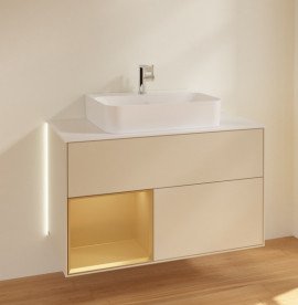 Тумба під раковину Villeroy & Boch Finion 100х50,1 см із підсвічуванням МДФ пісок матовий лак/золото матовий лак/скло біле матове G111HFHH
