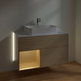 Тумба під раковину Villeroy & Boch Finion 100х50,1 см з підсвічуванням ДСП шпон дуба/золото матовий лак/скло біле матове G111HFPC