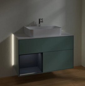 Тумба під раковину Villeroy & Boch Finion 100х50,1 см із підсвічуванням МДФ оливковий матовий лак/темно-синій матовий лак/скло біле матове G111HGGM