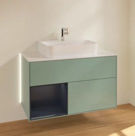 Тумба під раковину Villeroy & Boch Finion 100х50,1 см із підсвічуванням МДФ оливковий матовий лак/темно-синій матовий лак/скло біле матове G111HGGM