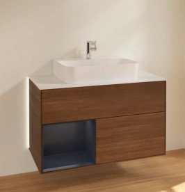 Тумба под раковину Villeroy & Boch Finion 100х50,1 см с подсветкой ДСП шпон грецкого ореха/темно-синий матовый лак/стекло белое матовое G111HGGN