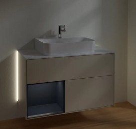 Тумба под раковину Villeroy & Boch Finion 100х50,1 см с подсветкой МДФ песок матовый лак/темно-синий матовый лак/стекло белое матовое G111HGHH