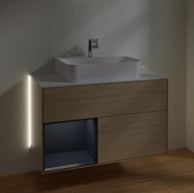 Тумба під раковину Villeroy & Boch Finion 100х50,1 см із підсвічуванням ДСП шпон дуба/темно-синій матовий лак/скло біле матове G111HGPC