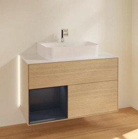 Тумба під раковину Villeroy & Boch Finion 100х50,1 см із підсвічуванням ДСП шпон дуба/темно-синій матовий лак/скло біле матове G111HGPC
