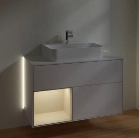 Тумба під раковину Villeroy & Boch Finion 100х50,1 см із підсвічуванням МДФ глянсовий білий лак/пісок матовий лак/скло біле матове G111HHGF