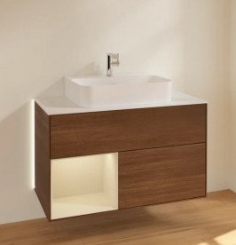 Тумба під раковину Villeroy & Boch Finion 100х50,1 см з підсвічуванням ДСП шпон волоського горіха/пісок матовий лак/скло біле матове G111HHGN