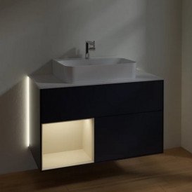 Тумба під раковину Villeroy & Boch Finion 100х50,1 см із підсвічуванням МДФ темно-синій матовий лак/пісок матовий лак/скло біле матове G111HHHG
