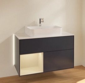 Тумба під раковину Villeroy & Boch Finion 100х50,1 см із підсвічуванням МДФ темно-синій матовий лак/пісок матовий лак/скло біле матове G111HHHG