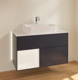 Тумба під раковину Villeroy & Boch Finion 100х50,1 см із підсвічуванням МДФ темно-синій матовий лак/білий матовий лак/скло біле матове G111MTHG