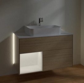 Тумба под раковину Villeroy & Boch Finion 100х50,1 см с подсветкой ДСП шпон дуба/белый матовый лак/стекло белое матовое G111MTPC