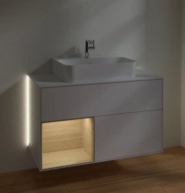 Тумба под раковину Villeroy & Boch Finion 100х50,1 см с подсветкой МДФ глянцевый белый лак/шпон дуба/стекло белое матовое G111PCGF