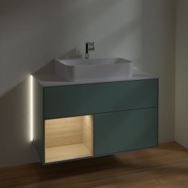 Тумба під раковину Villeroy & Boch Finion 100х50,1 см із підсвічуванням МДФ оливковий матовий лак/шпон дуба/скло біле матове G111PCGM