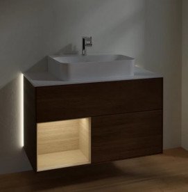 Тумба під раковину Villeroy & Boch Finion 100х50,1 см з підсвічуванням ДСП шпон волоського горіха/шпон дуба/скло біле матове G111PCGN