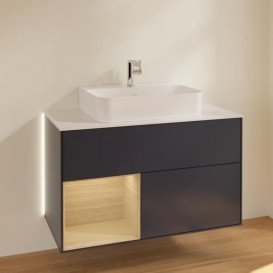 Тумба под раковину Villeroy & Boch Finion 100х50,1 см с подсветкой МДФ темно-синий матовый лак/шпон дуба/стекло белое матовое G111PCHG