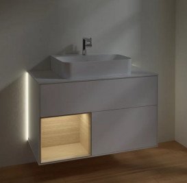 Тумба під раковину Villeroy & Boch Finion 100х50,1 см з підсвічуванням МДФ білий матовий лак/шпон дуба/скло біле матове G111PCMT