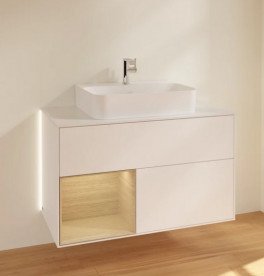 Тумба під раковину Villeroy & Boch Finion 100х50,1 см з підсвічуванням МДФ білий матовий лак/шпон дуба/скло біле матове G111PCMT
