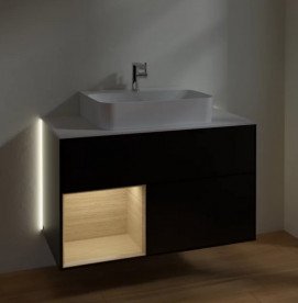 Тумба під раковину Villeroy & Boch Finion 100х50,1 см з підсвічуванням МДФ чорний матовий лак/шпон дуба/скло біле матове G111PCPD