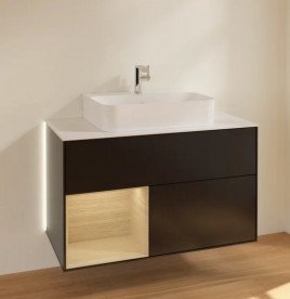 Тумба під раковину Villeroy & Boch Finion 100х50,1 см з підсвічуванням МДФ чорний матовий лак/шпон дуба/скло біле матове G111PCPD