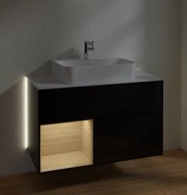 Тумба під раковину Villeroy & Boch Finion 100х50,1 см із підсвічуванням МДФ глянсовий чорний лак/шпон дуба/скло біле матове G111PCPH