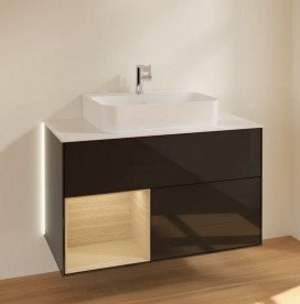 Тумба під раковину Villeroy & Boch Finion 100х50,1 см із підсвічуванням МДФ глянсовий чорний лак/шпон дуба/скло біле матове G111PCPH