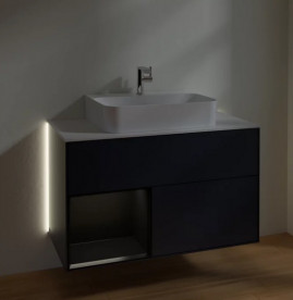 Тумба під раковину Villeroy & Boch Finion 100х50,1 см із підсвічуванням МДФ темно-синій матовий лак/чорний матовий лак/скло біле матове G111PDHG