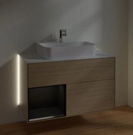 Тумба під раковину Villeroy & Boch Finion 100х50,1 см з підсвічуванням ДСП шпон дуба/чорний матовий лак/скло біле матове G111PDPC