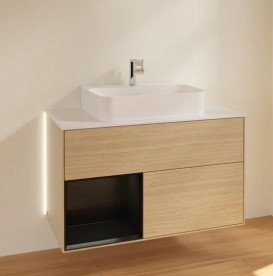 Тумба під раковину Villeroy & Boch Finion 100х50,1 см з підсвічуванням ДСП шпон дуба/чорний матовий лак/скло біле матове G111PDPC