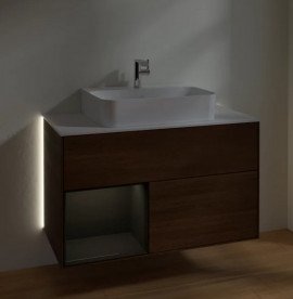 Тумба под раковину Villeroy & Boch Finion 100х50,1 см с подсветкой ДСП шпон грецкого ореха/глянцевый черный лак/стекло белое матовое G111PHGN