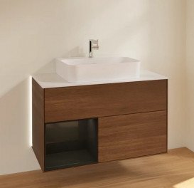 Тумба под раковину Villeroy & Boch Finion 100х50,1 см с подсветкой ДСП шпон грецкого ореха/глянцевый черный лак/стекло белое матовое G111PHGN