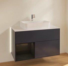 Тумба под раковину Villeroy & Boch Finion 100х50,1 см с подсветкой МДФ темно-синий матовый лак/глянцевый черный лак/стекло белое матовое G111PHHG