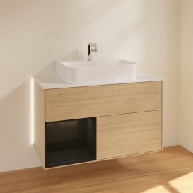 Тумба під раковину Villeroy & Boch Finion 100х50,1 см із підсвічуванням ДСП шпон дуба/глянцевий чорний лак/скло біле матове G111PHPC