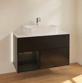 Тумба під раковину Villeroy & Boch Finion 100х50,1 см із підсвічуванням МДФ чорний матовий лак/глянцевий чорний лак/скло біле матове G111PHPD