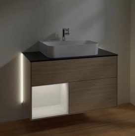 Тумба під раковину Villeroy & Boch Finion 100х50,1 см з підсвічуванням ДСП шпон дуба/глянцевий білий лак/скло чорне матове G112GFPC