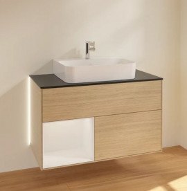 Тумба під раковину Villeroy & Boch Finion 100х50,1 см з підсвічуванням ДСП шпон дуба/глянцевий білий лак/скло чорне матове G112GFPC