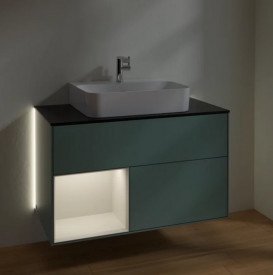 Тумба під раковину Villeroy & Boch Finion 100х50,1 см із підсвічуванням МДФ оливковий матовий лак/світло-сірий матовий лак/скло чорне матове G112GJGM