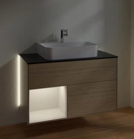 Тумба під раковину Villeroy & Boch Finion 100х50,1 см з підсвічуванням ДСП шпон дуба/світло-сірий матовий лак/скло чорне матове G112GJPC