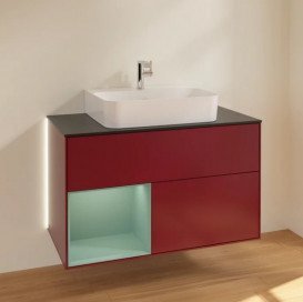 Тумба под раковину Villeroy & Boch Finion 100х50,1 см с подсветкой МДФ пион матовый лак/оливковый матовый лак/стекло черное матовое G112GMHB