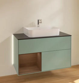Тумба под раковину Villeroy & Boch Finion 100х50,1 см с подсветкой МДФ оливковый матовый лак/шпон грецкого ореха/стекло черное матовое G112GNGM