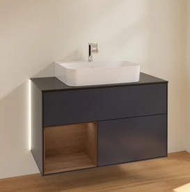 Тумба під раковину Villeroy & Boch Finion 100х50,1 см з підсвічуванням МДФ темно-синій матовий лак/шпон волоського горіха/скло чорне матове G112GNHG