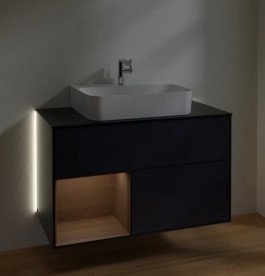 Тумба під раковину Villeroy & Boch Finion 100х50,1 см з підсвічуванням МДФ темно-синій матовий лак/шпон волоського горіха/скло чорне матове G112GNHG