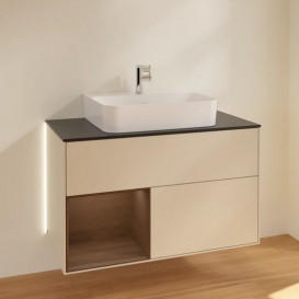Тумба під раковину Villeroy & Boch Finion 100х50,1 см з підсвічуванням МДФ пісок матовий лак/шпон волоського горіха/скло чорне матове G112GNHH
