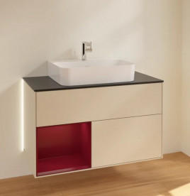 Тумба под раковину Villeroy & Boch Finion 100х50,1 см с подсветкой МДФ песок матовый лак/пион матовый лак/стекло черное матовое G112HBHH