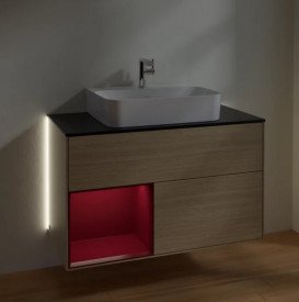 Тумба под раковину Villeroy & Boch Finion 100х50,1 см с подсветкой ДСП шпон дуба/пион матовый лак/стекло черное матовое G112HBPC