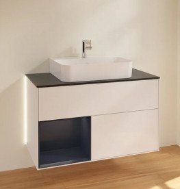 Тумба під раковину Villeroy & Boch Finion 100х50,1 см із підсвічуванням МДФ глянсовий білий лак/темно-синій матовий лак/скло чорне матове G112HGGF